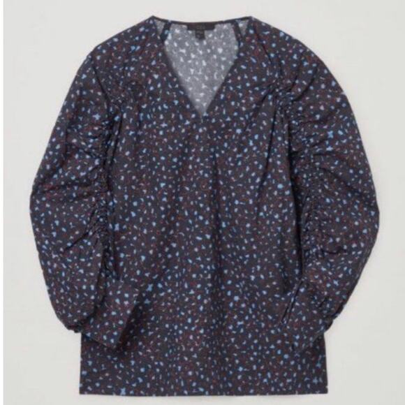 COS drawstring sleeve V neck cotton blouse navy  Sz 6 - Picture 2 of 11